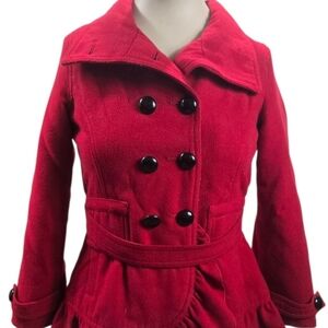 KC Collections Red Coat for kids with quilted interior, belted waist, and ruff